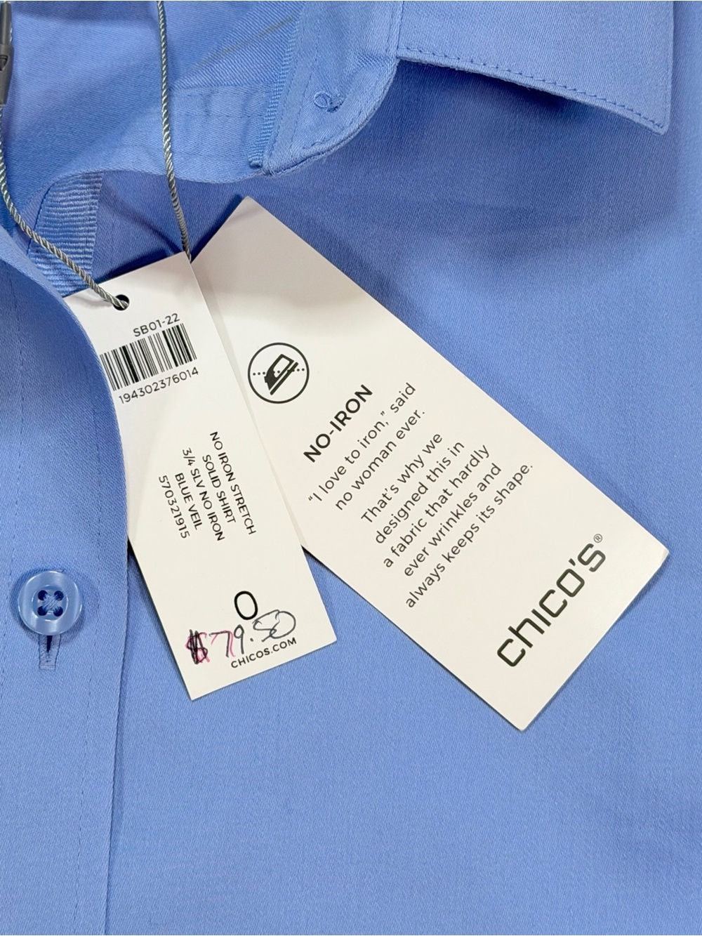 Chico's NO IRON Chic Stretch Shirt Top Blue Button Up 3/4 Sleeve Sz 0 S 4 NWT - Picture 6 of 12